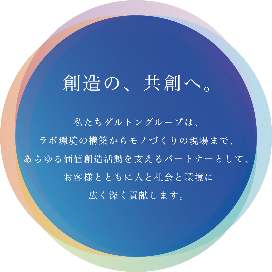 創造の、共創へ。私たちダルトングループは、ラボ環境の構築からモノづくりの現場まで、あらゆる価値創造活動を支えるパートナーとして、お客様とともに人と社会と環境に広く深く貢献します。